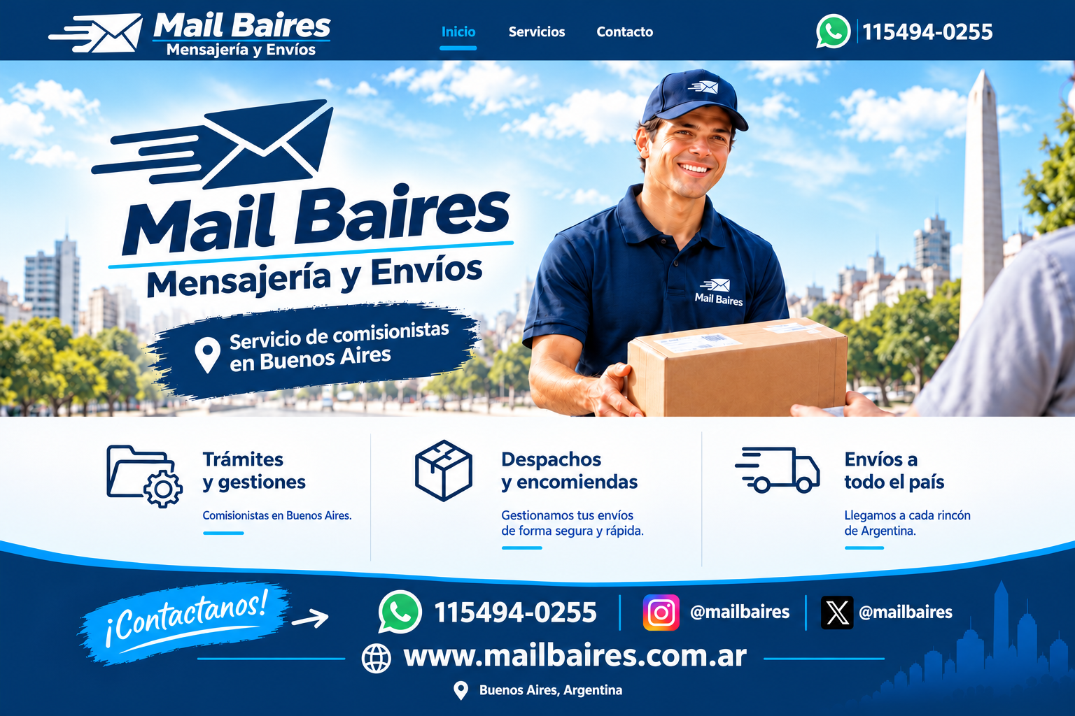 Mail Baires Mensajería y Envíos: servicio de comisionistas en Buenos Aires, con un cadete entregando un paquete y el Obelisco de fondo.
